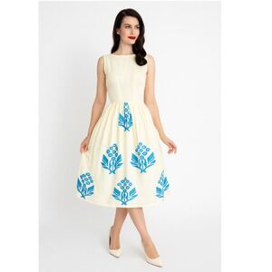 Vintage 50s Dress Embroidery Layered Crinoline Lined Turquoise Blue Size S/M